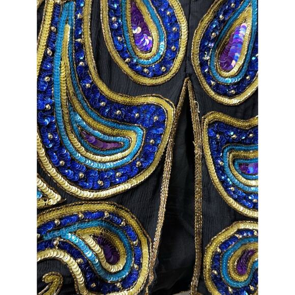 Vintage 80s Silk Beaded Sequin Dress Black Gold Blue Paisley Cocktail Party 2X - Picture 9 of 14